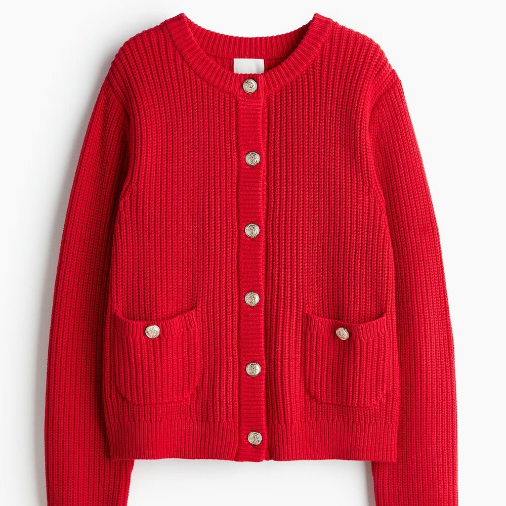 Red Rib-Knit Cardigan